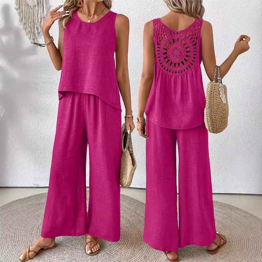 Hollow Lace Fashion Casual Vest Wide Leg Pants
