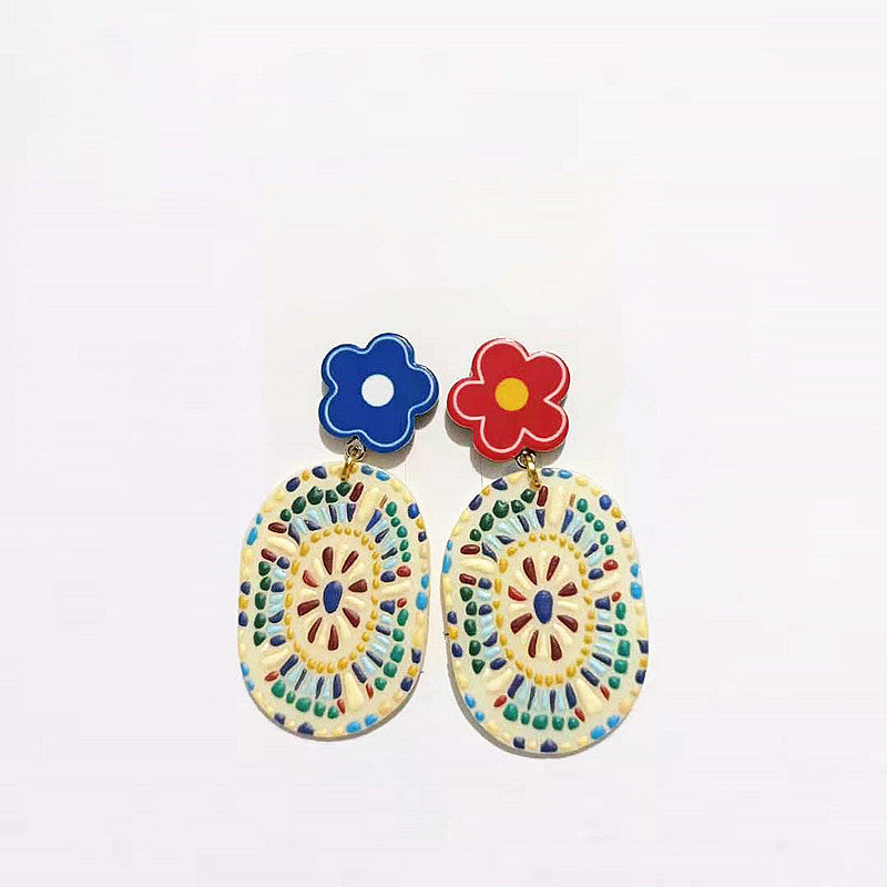 Green Flower Retro Ethnic Totem Small Fresh Cartoon Earrings