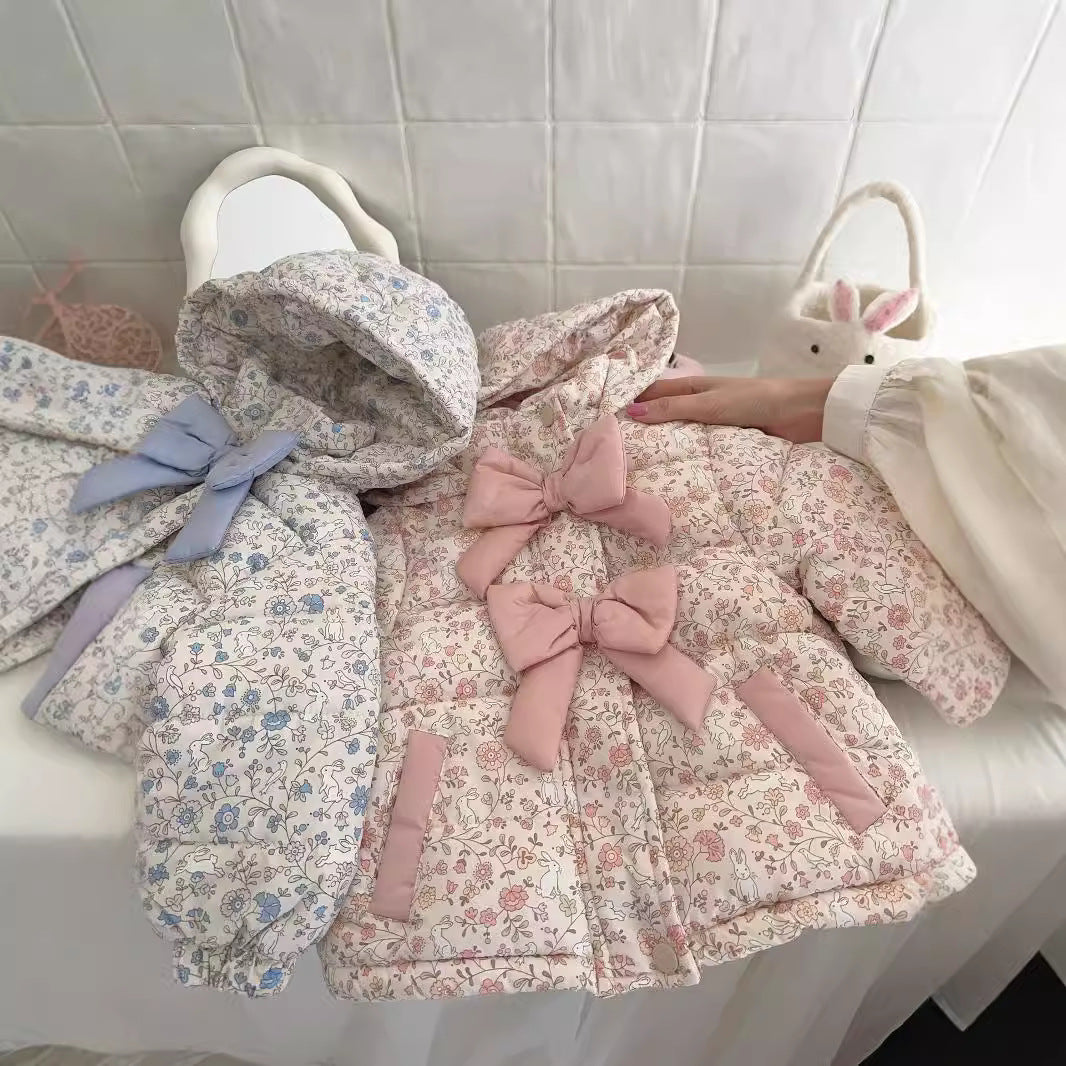 Kids' Floral Bow Hooded Down Jacket
