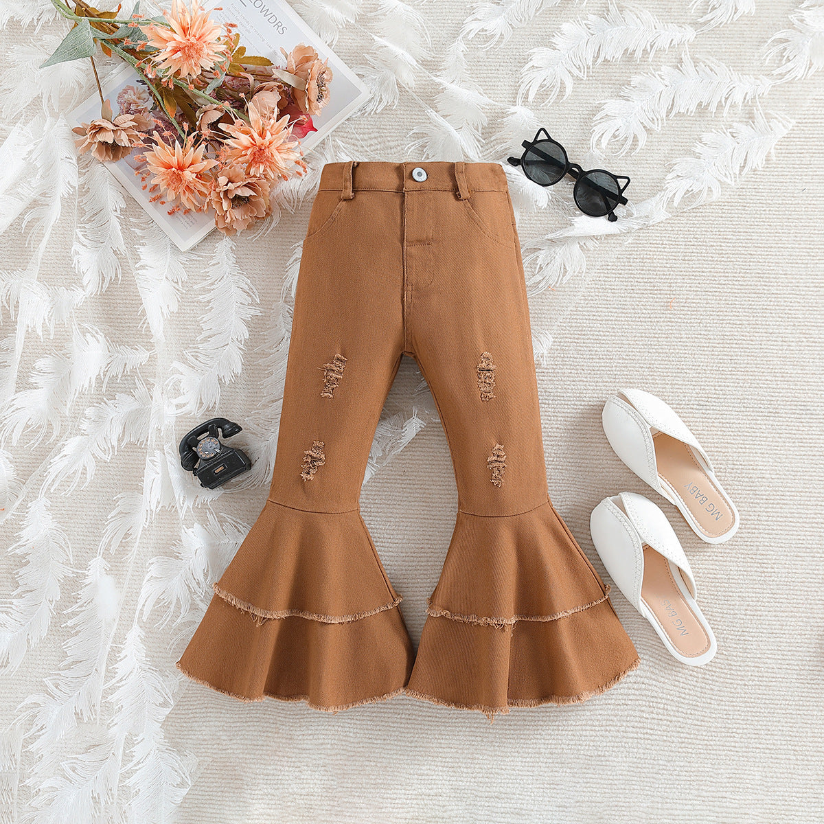 Fashionable Girls' Pink Ripped Flared Pants