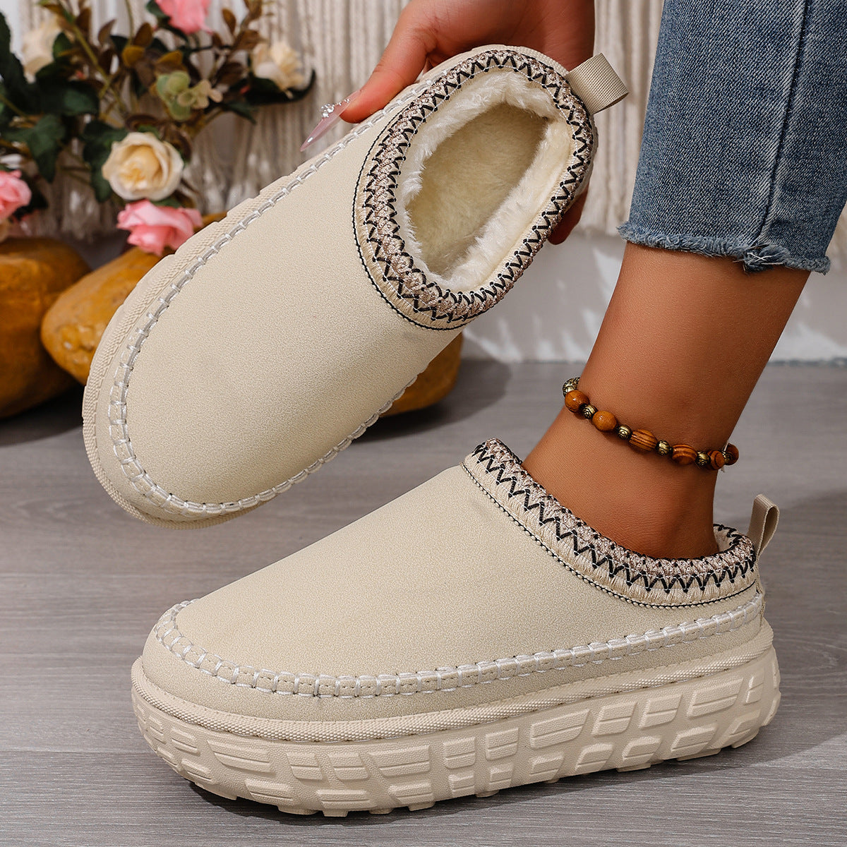Thick-Soled Warm Ethnic Style Half-Slip