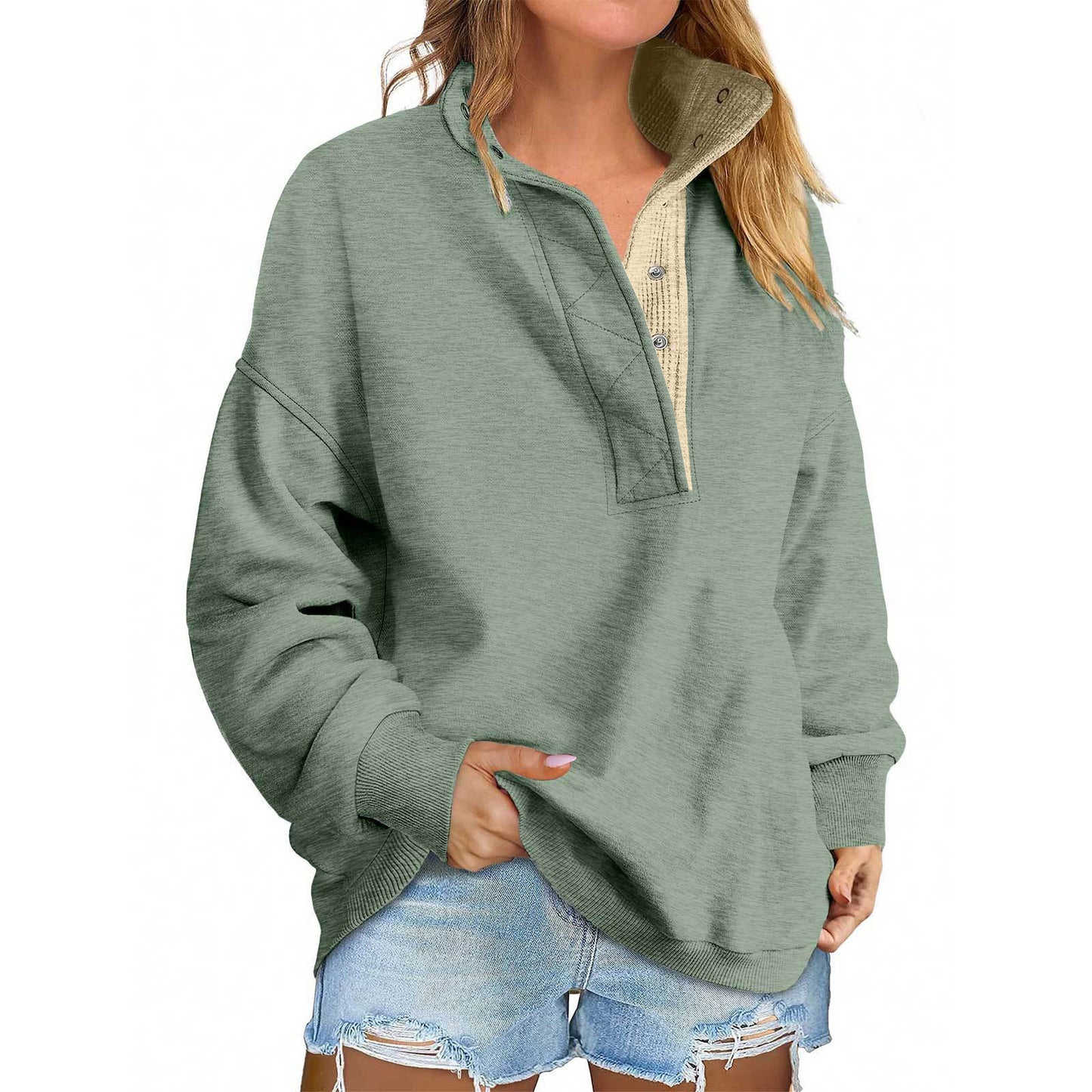 Solid Color New Loose Button Pullover Sweatshirt