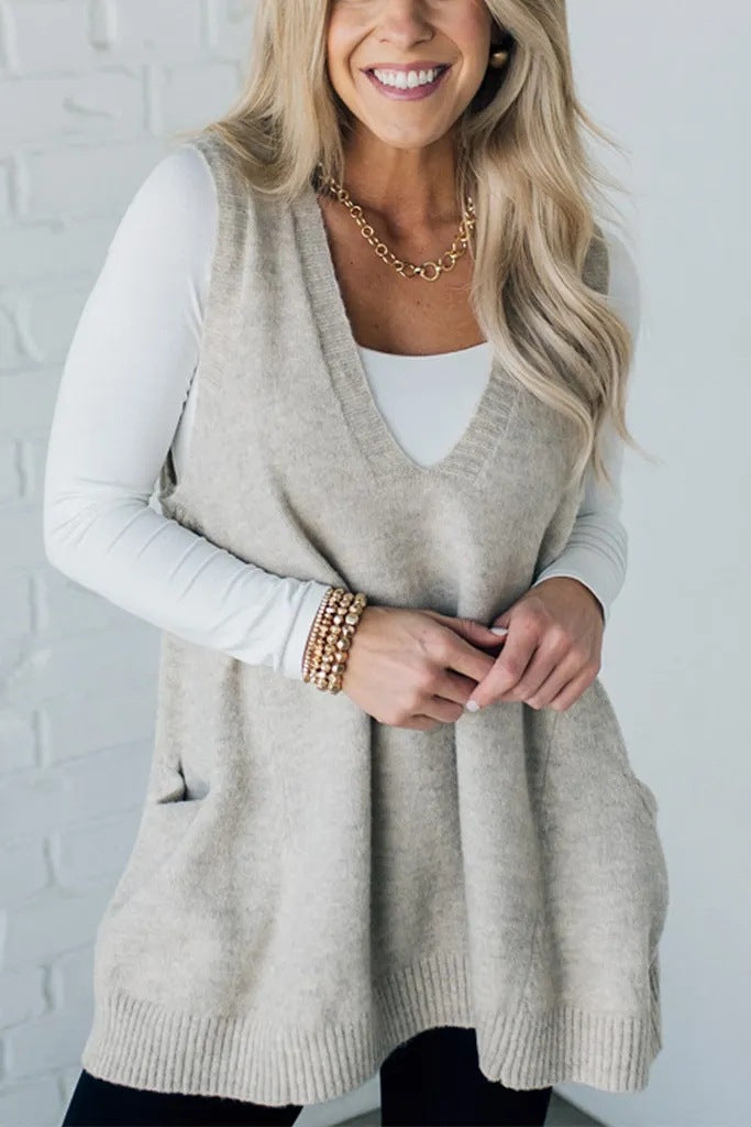 Autumn and winter solid color V-neck knitted vest sleeveless sweater