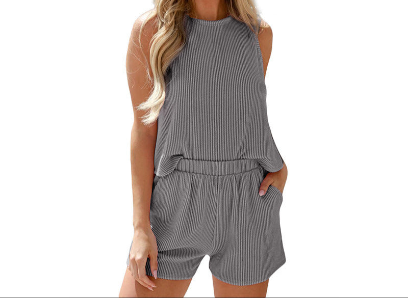 Fashion Ribbed Sleeveless Top Shorts Two-piece Set