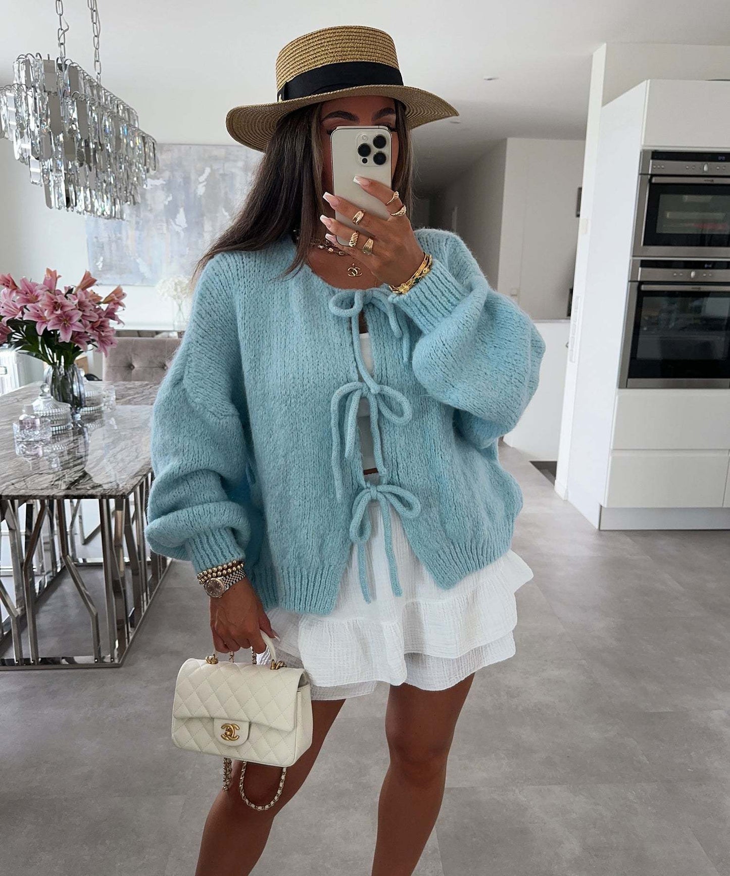 Women's Round Neck Lace-up Knitted Cardigan Sweater