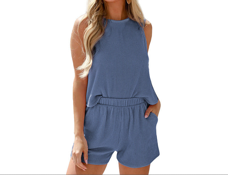 Fashion Ribbed Sleeveless Top Shorts Two-piece Set