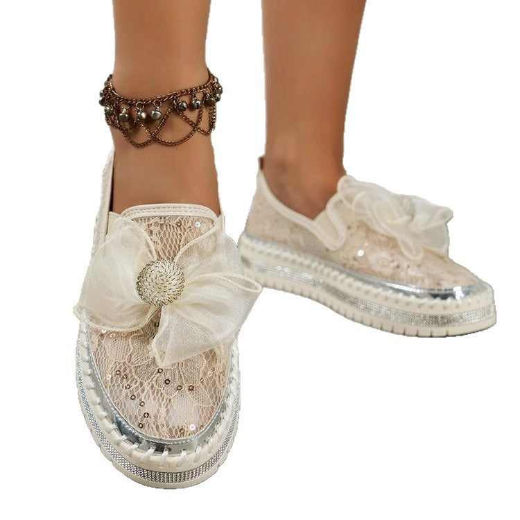 Ribbon Tie Stitch Detail Lace Flat Shoes