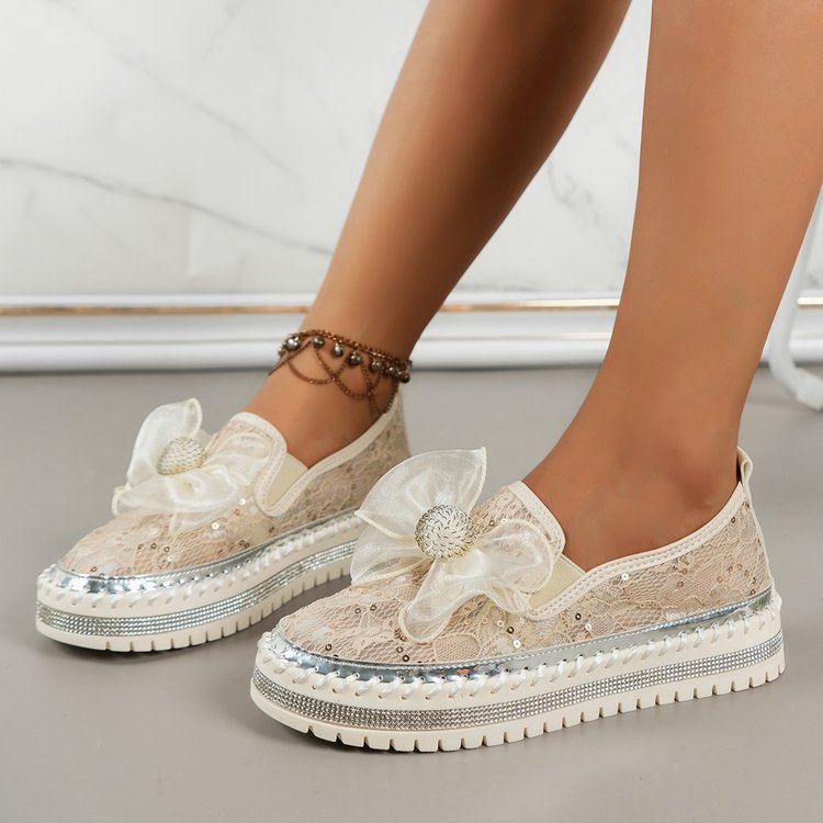 Ribbon Tie Stitch Detail Lace Flat Shoes