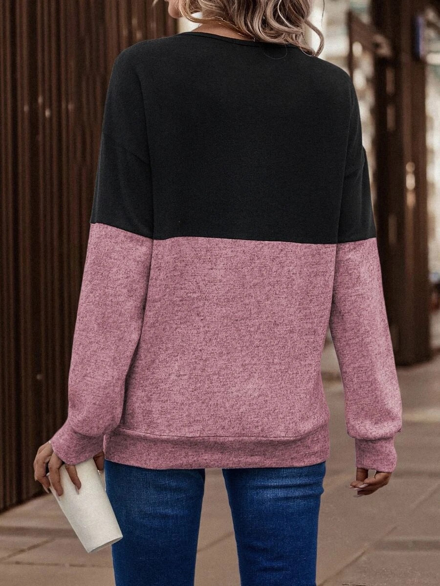 V-Neck Color Block Long Sleeve Top