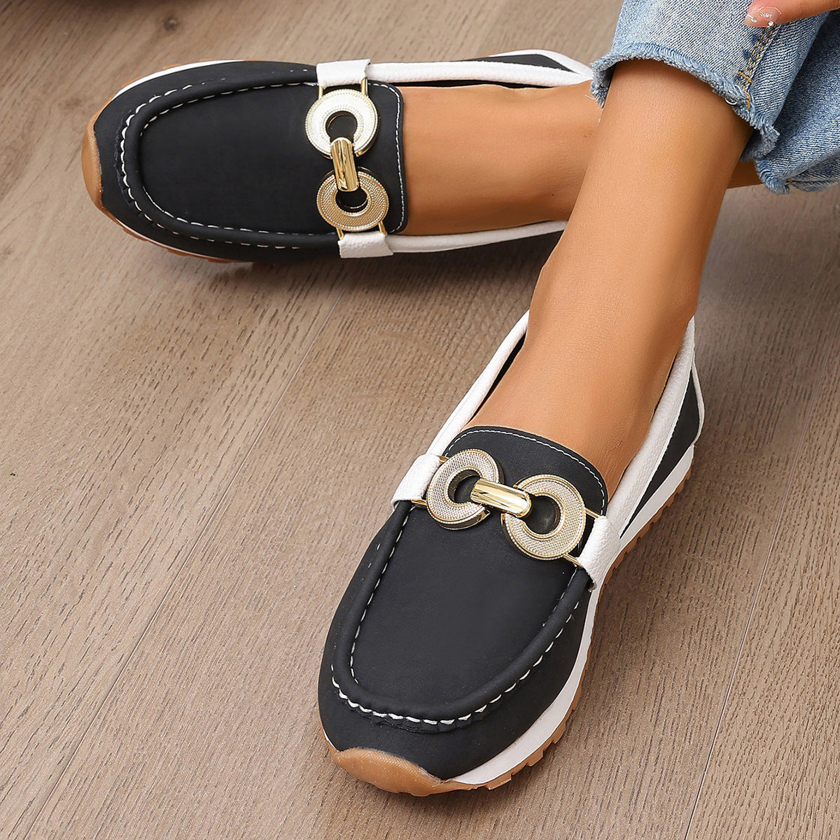 Metal Button Flat Casual Fabric Upper Shoes