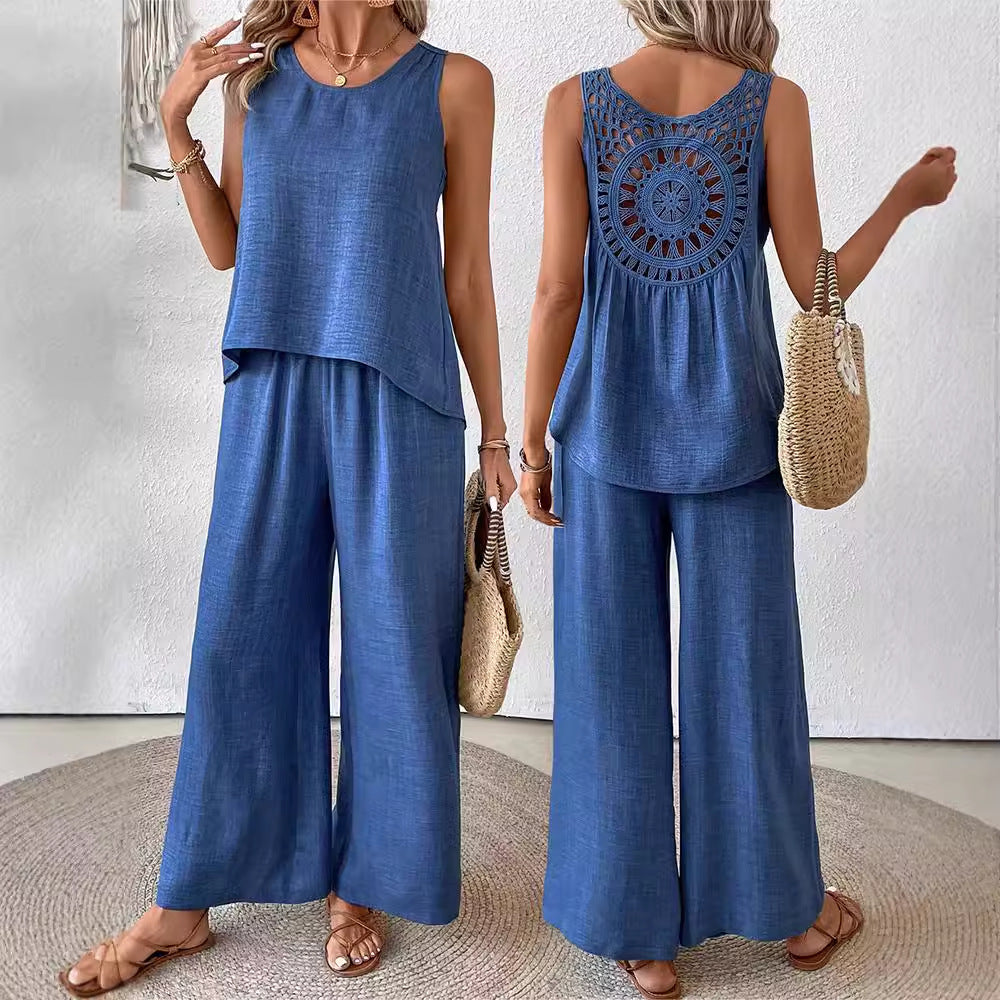 Hollow Lace Fashion Casual Vest Wide Leg Pants