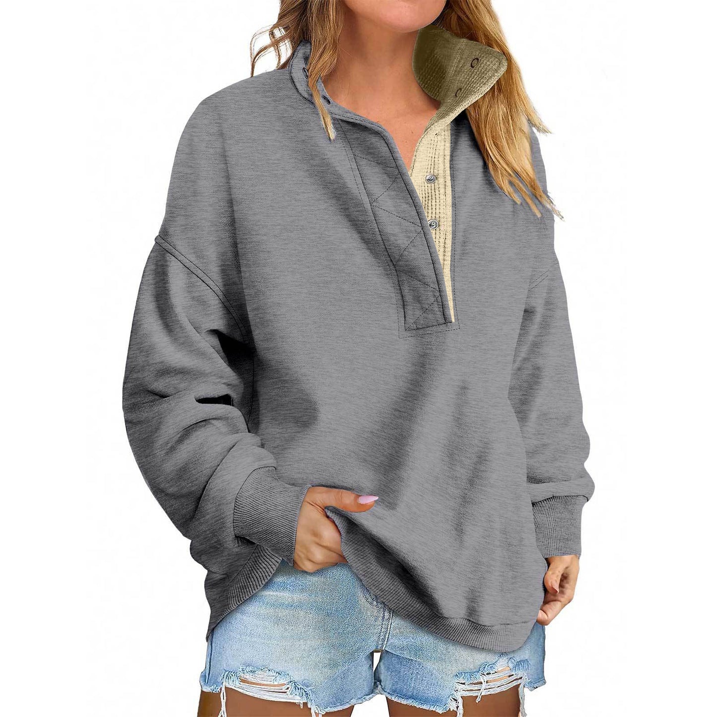 Solid Color New Loose Button Pullover Sweatshirt