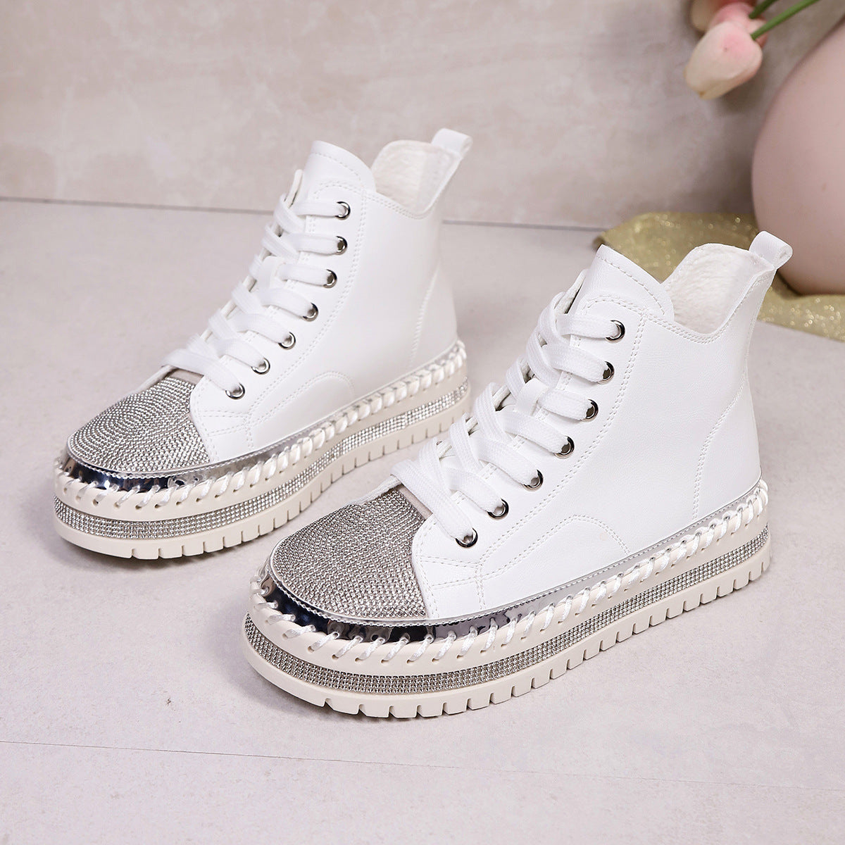 Stitch Rhinestone Lace-Up Shoes