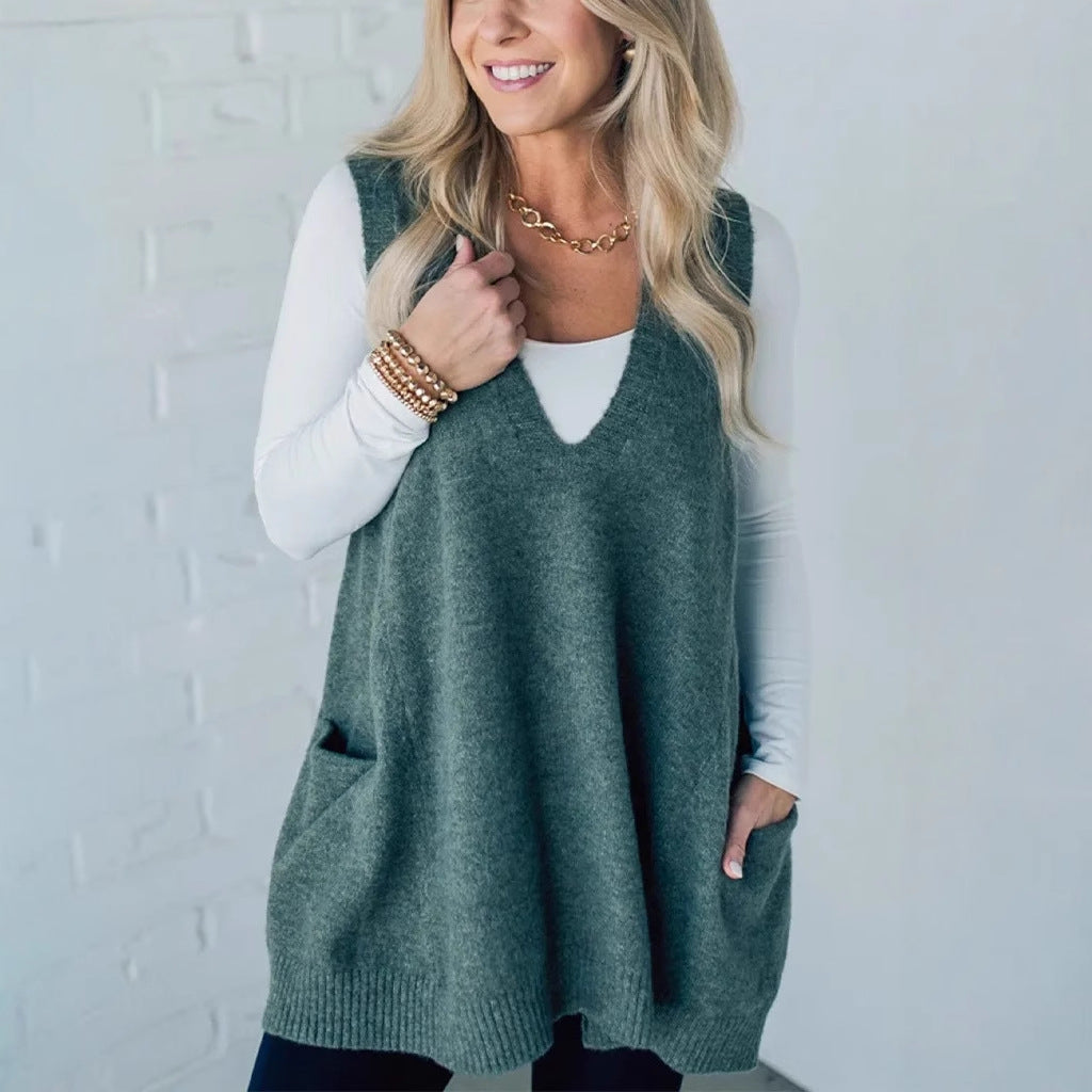 Autumn and winter solid color V-neck knitted vest sleeveless sweater