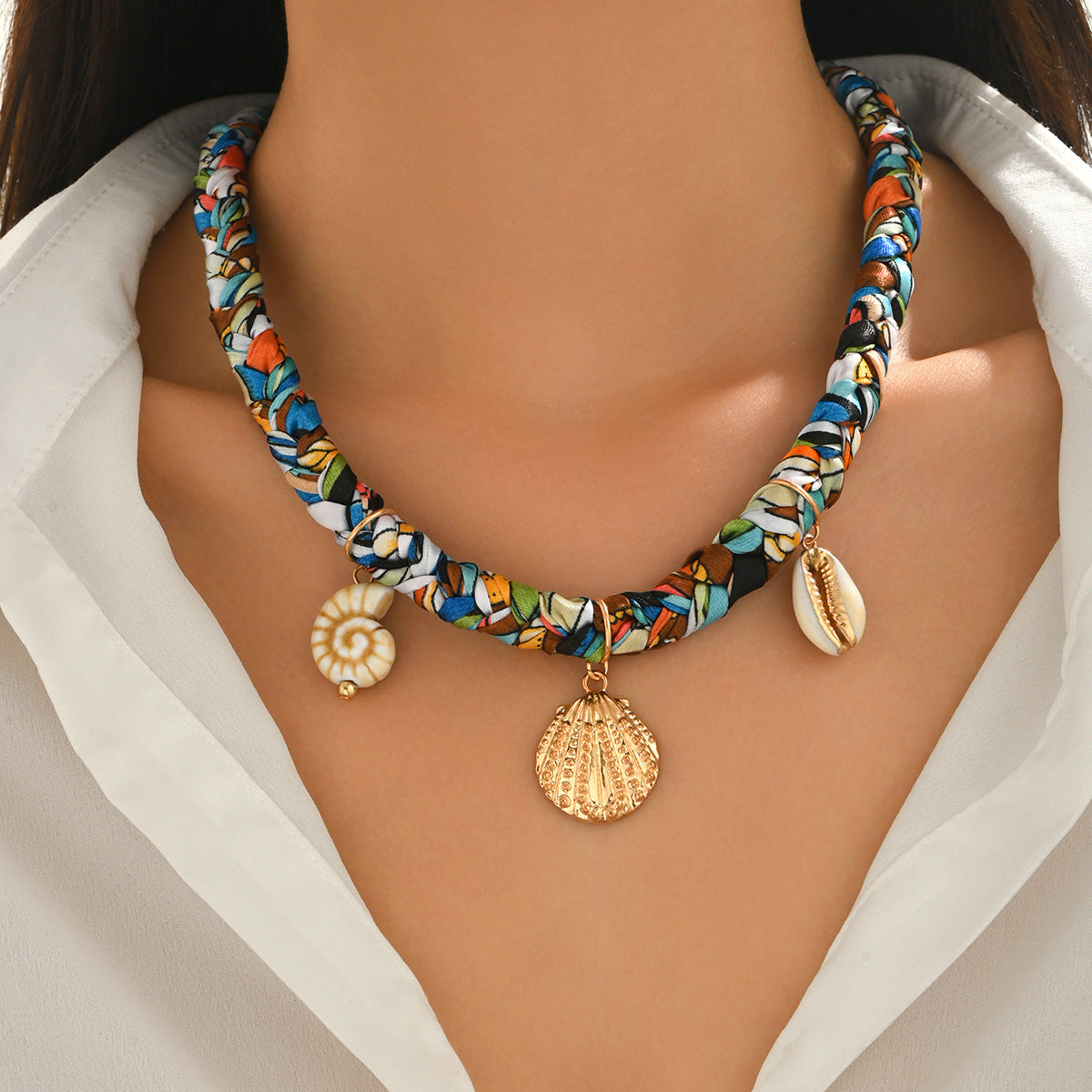 Silk Scarf with Leopard Print Braided Knot Collarbone Chain