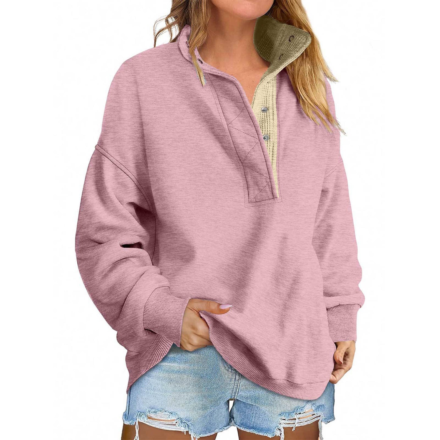 Solid Color New Loose Button Pullover Sweatshirt