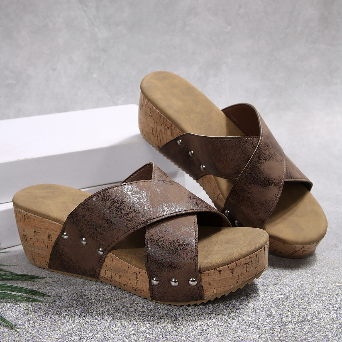 Rivet Buckle Slippers with Sloping Heels