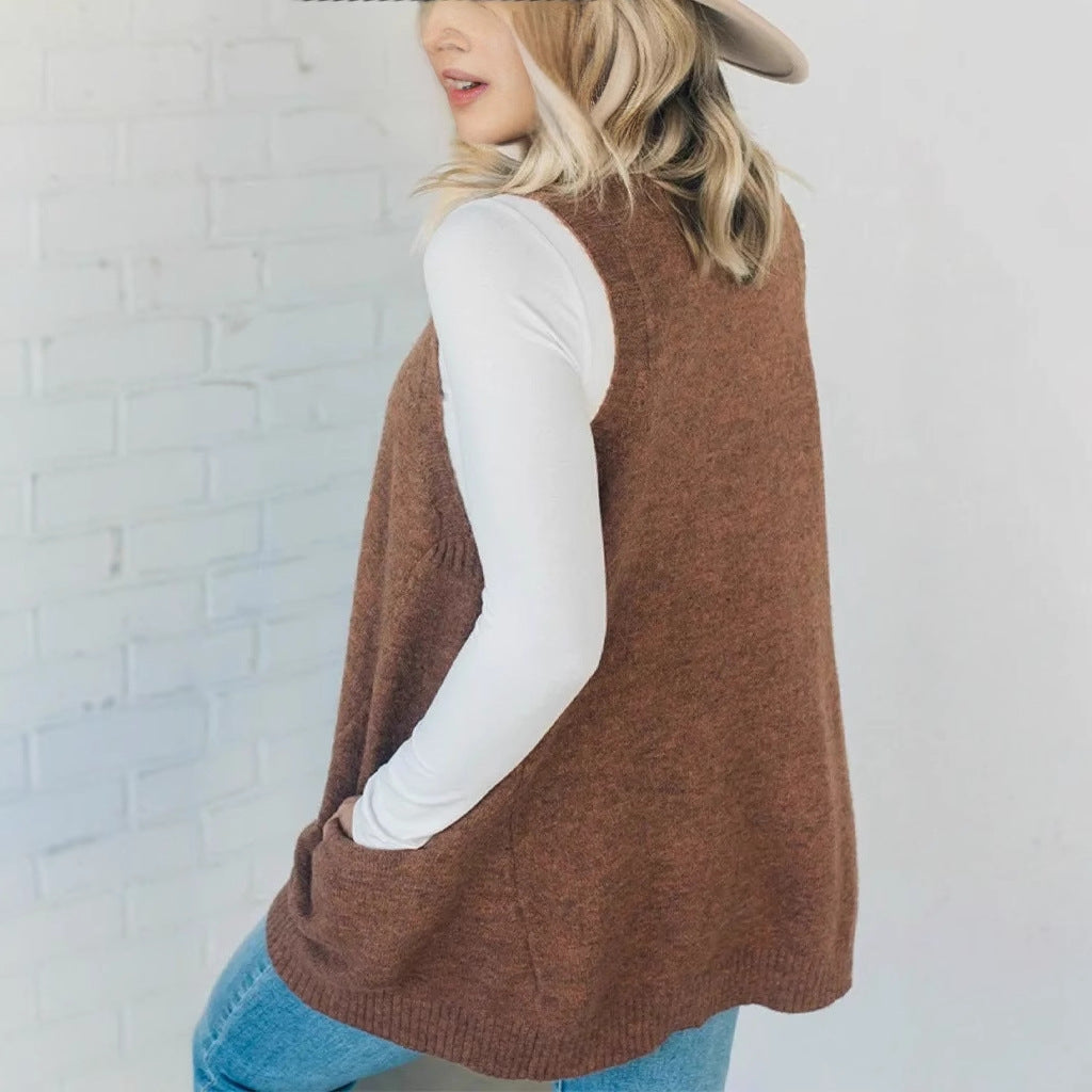 Autumn and winter solid color V-neck knitted vest sleeveless sweater