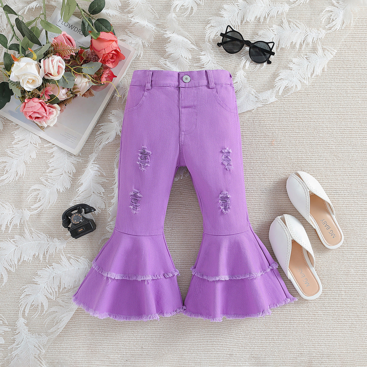 Fashionable Girls' Pink Ripped Flared Pants