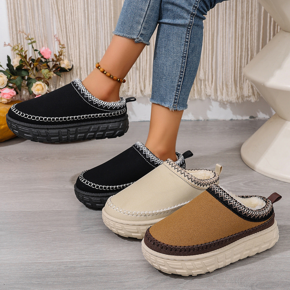 Thick-Soled Warm Ethnic Style Half-Slip