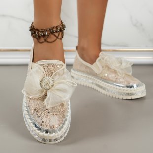 Ribbon Tie Stitch Detail Lace Flat Shoes