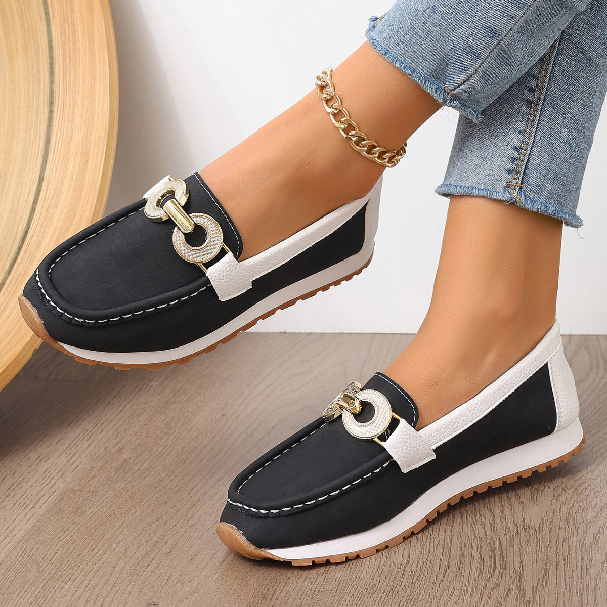 Metal Button Flat Casual Fabric Upper Shoes