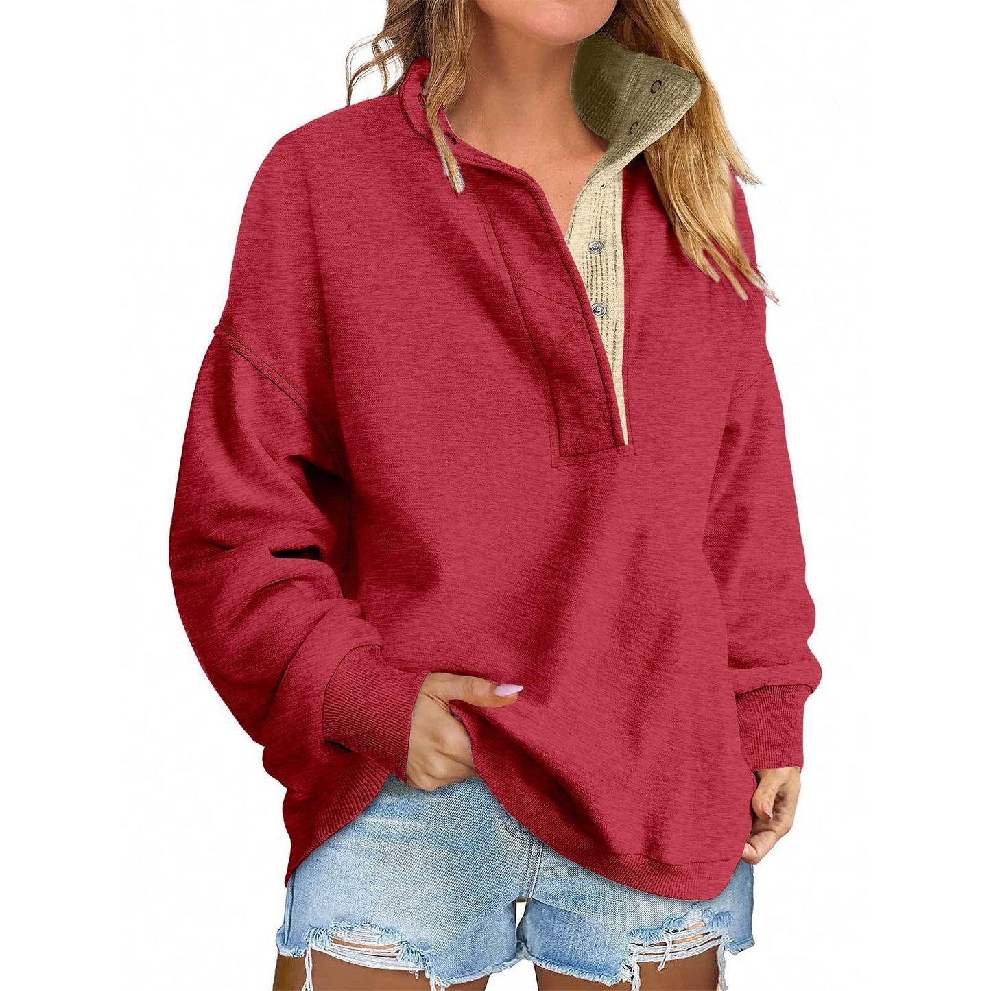 Solid Color New Loose Button Pullover Sweatshirt