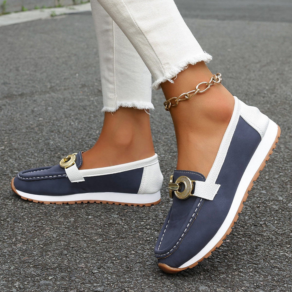 Metal Button Flat Casual Fabric Upper Shoes