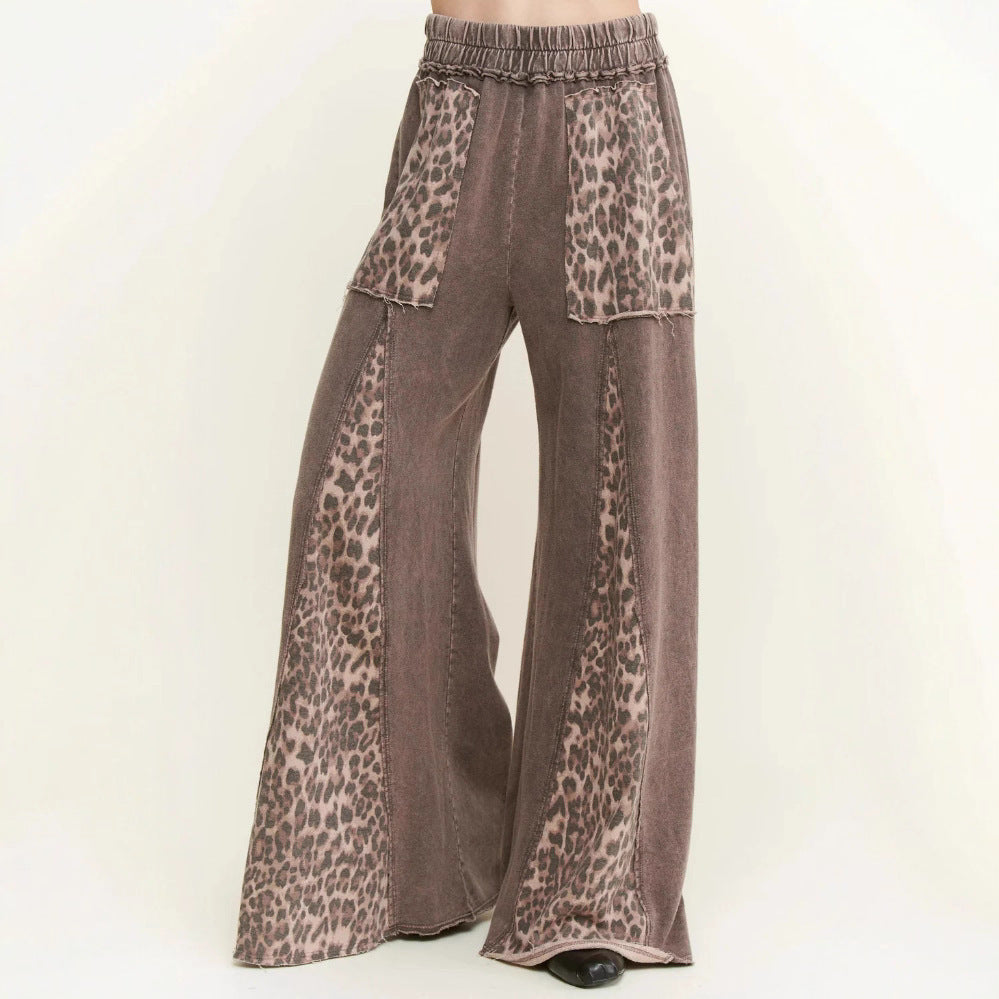 Women's Wide-leg Pants with Leopard Print Waistband