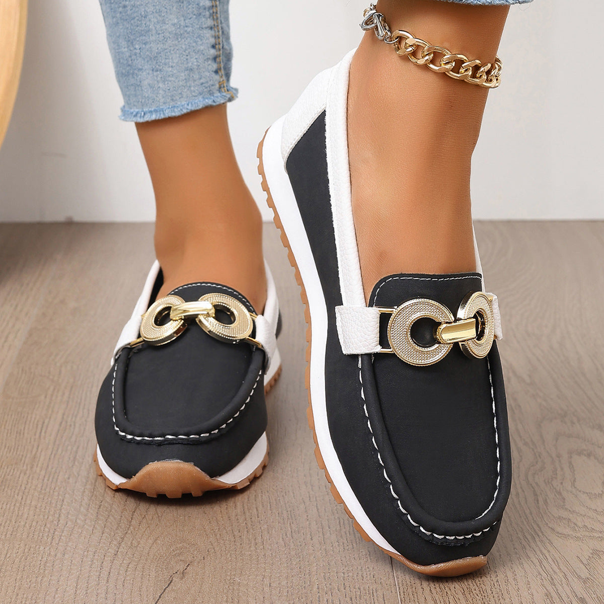 Metal Button Flat Casual Fabric Upper Shoes