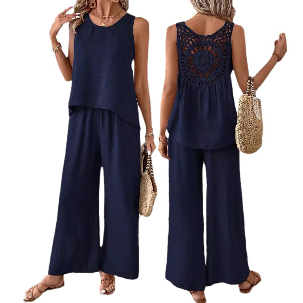 Hollow Lace Fashion Casual Vest Wide Leg Pants