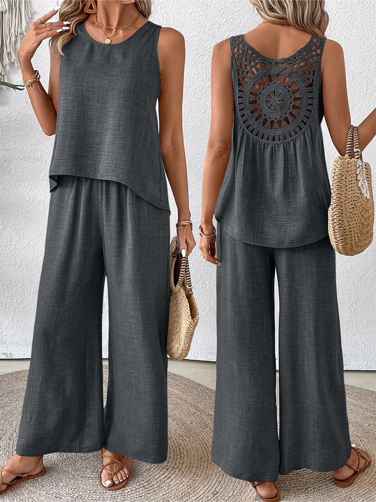 Hollow Lace Fashion Casual Vest Wide Leg Pants