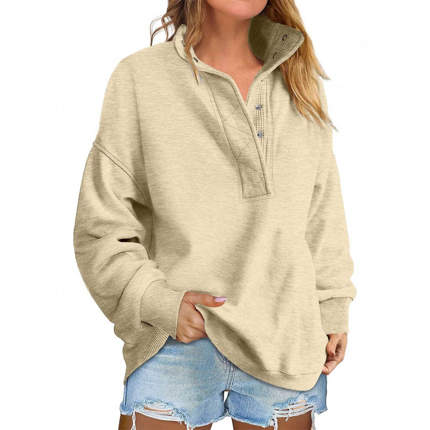 Solid Color New Loose Button Pullover Sweatshirt