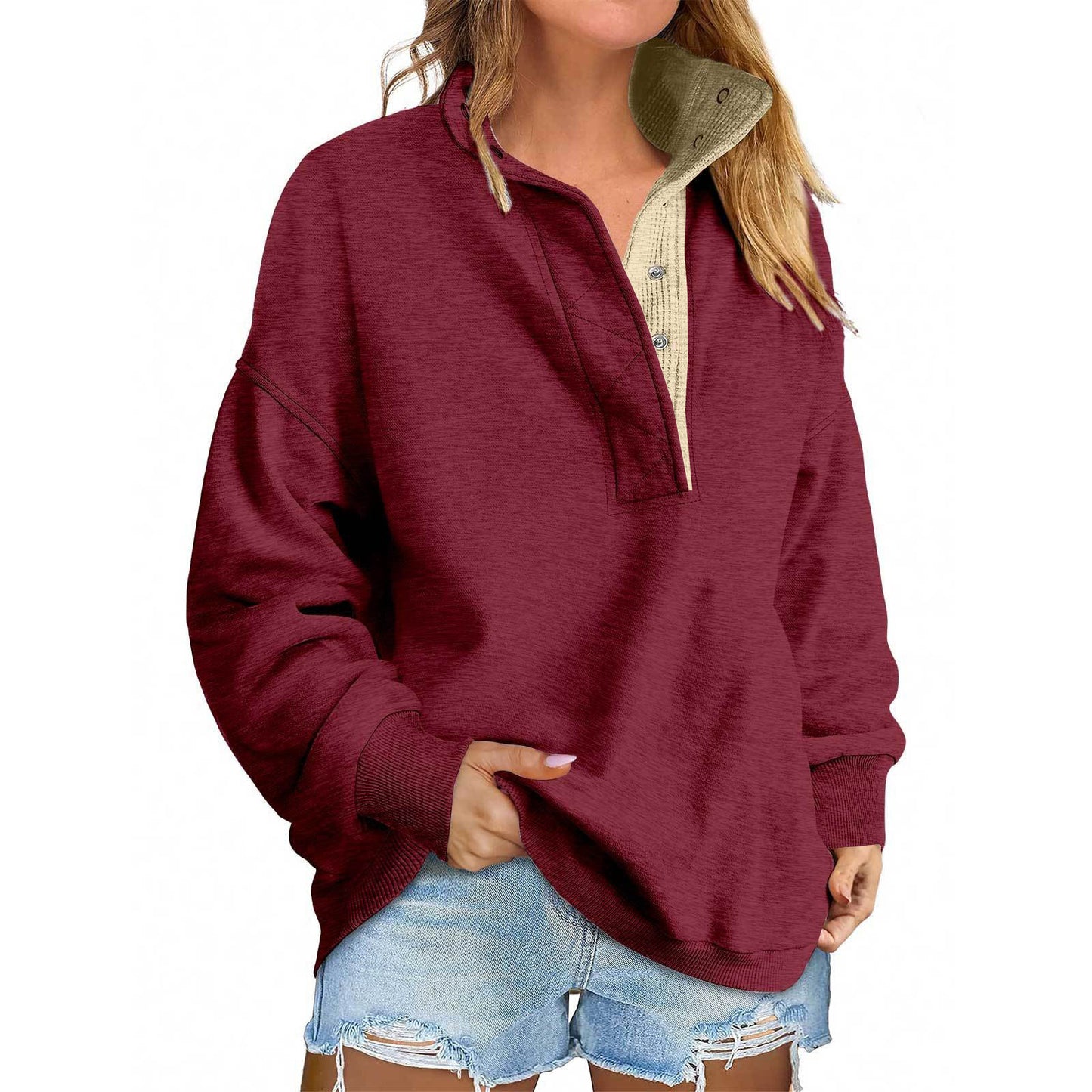 Solid Color New Loose Button Pullover Sweatshirt