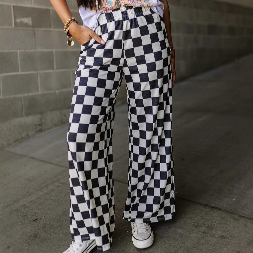 Checkerboard Print Casual Pants
