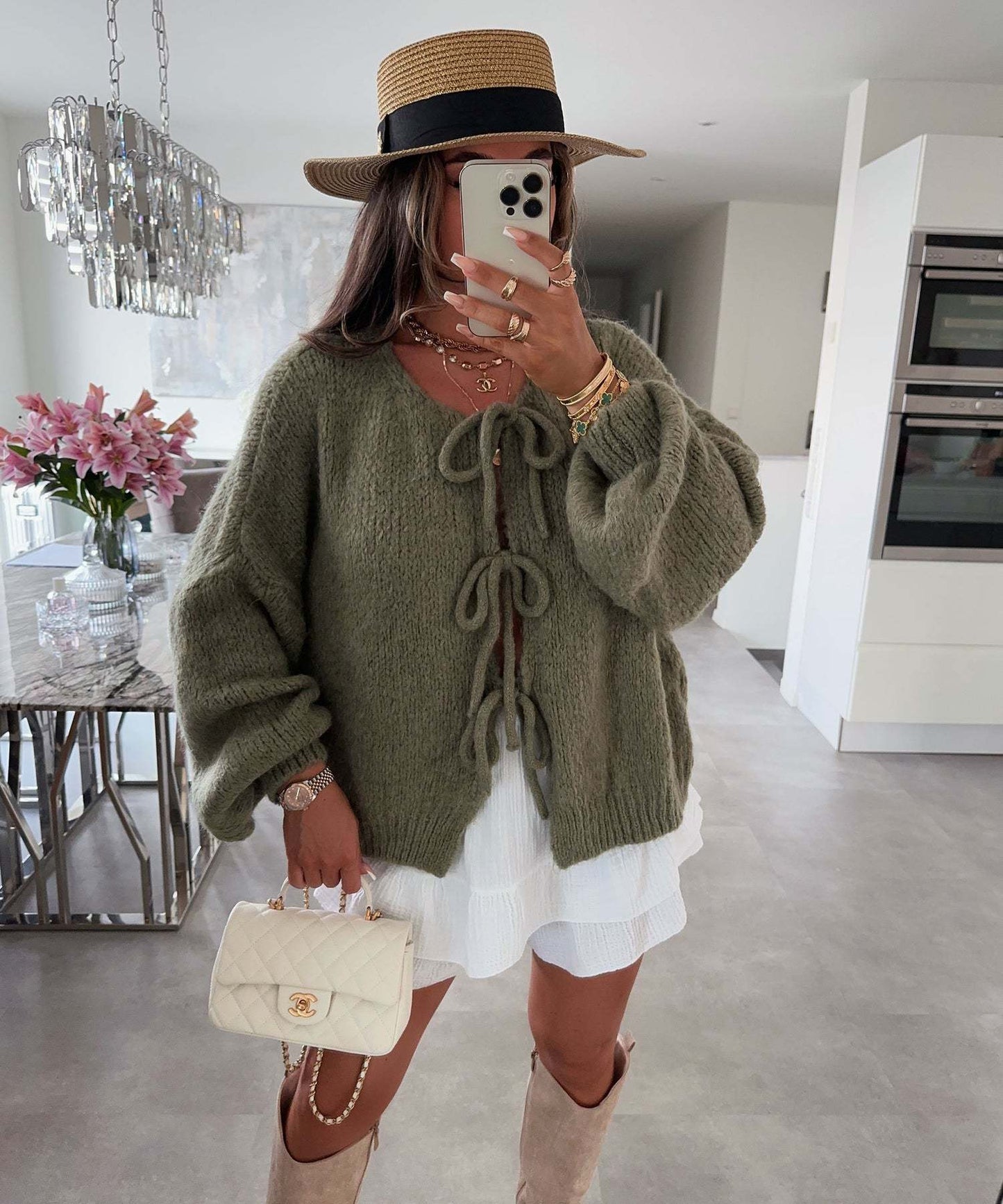 Women's Round Neck Lace-up Knitted Cardigan Sweater