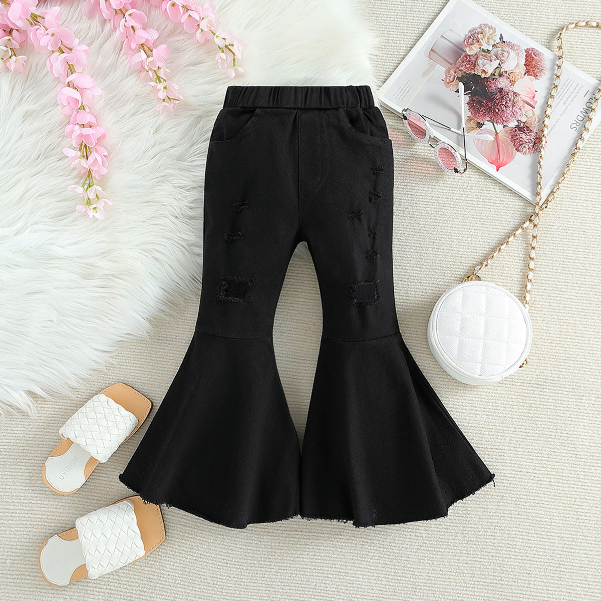 Fashionable Girls' Pink Ripped Flared Pants