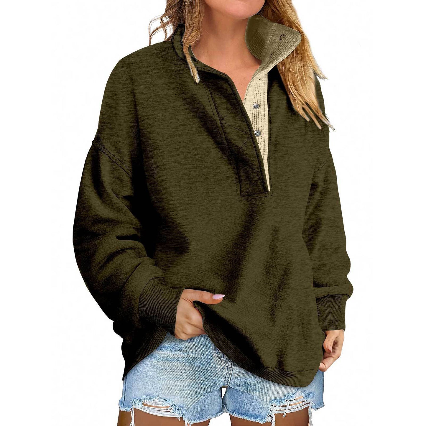 Solid Color New Loose Button Pullover Sweatshirt
