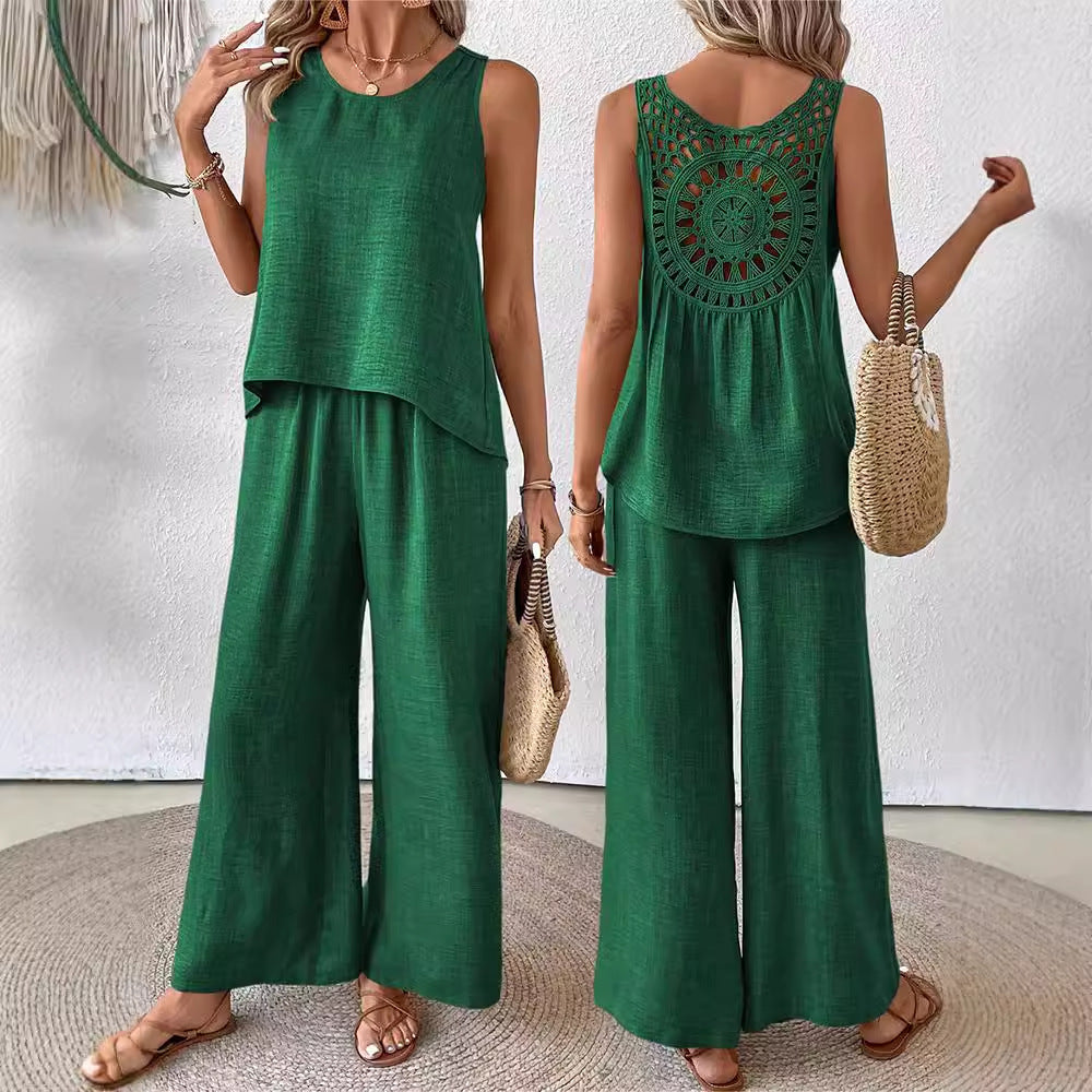 Hollow Lace Fashion Casual Vest Wide Leg Pants