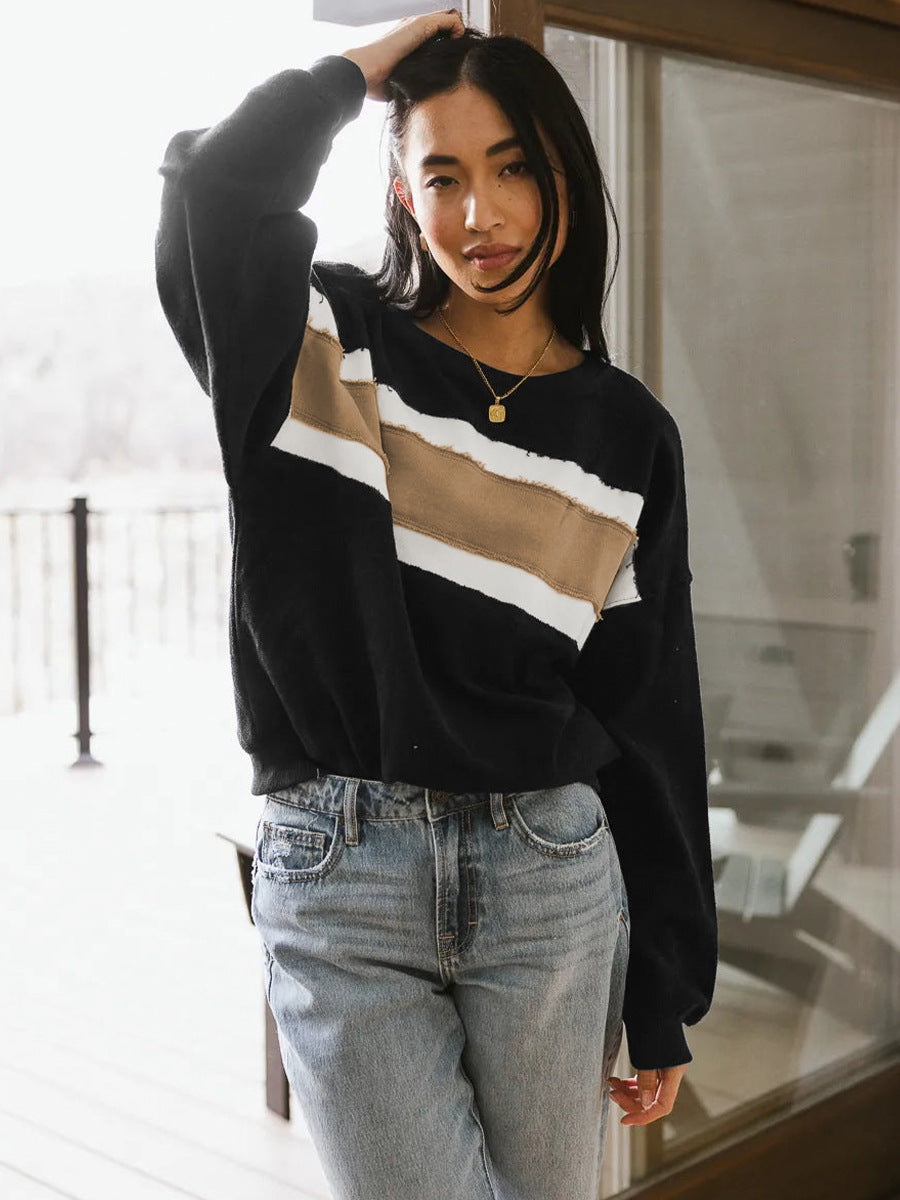 Contrast Color Loose Round Neck Sweatshirt