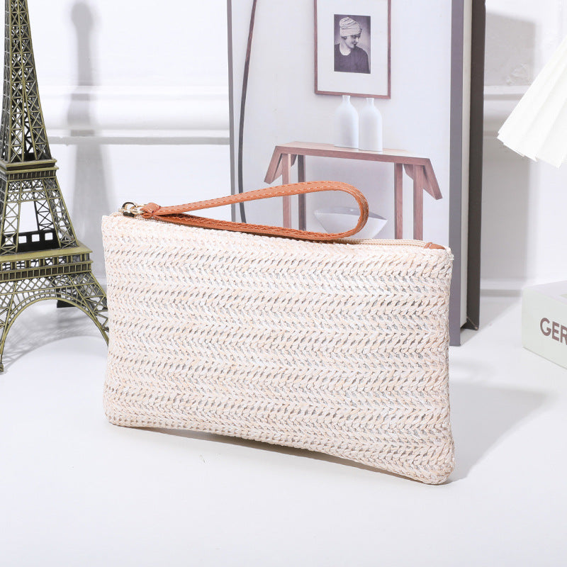 Straw Woven Wrist Strap Zipper Large Wallet