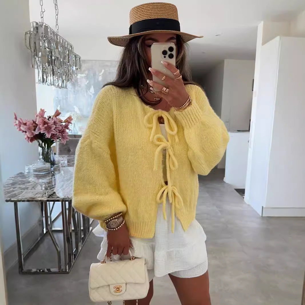 Women's Round Neck Lace-up Knitted Cardigan Sweater
