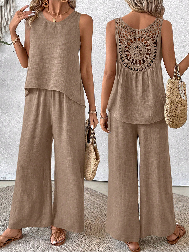 Hollow Lace Fashion Casual Vest Wide Leg Pants