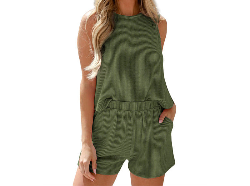Fashion Ribbed Sleeveless Top Shorts Two-piece Set