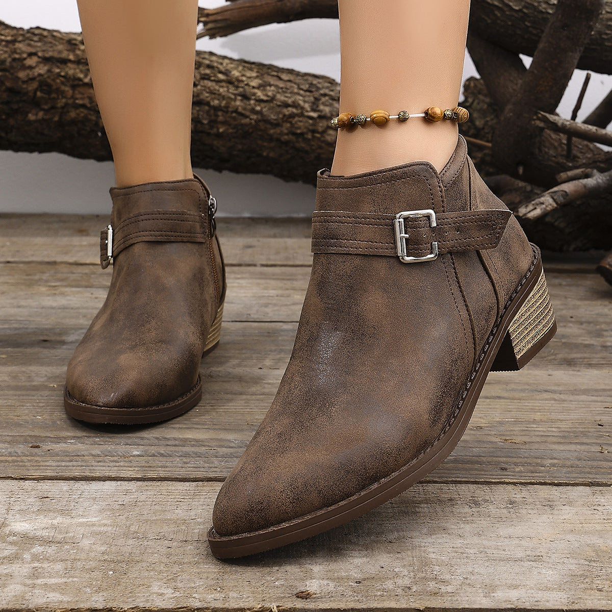 Women's Leather Block Heel Zipper Slip-on Martin Boots