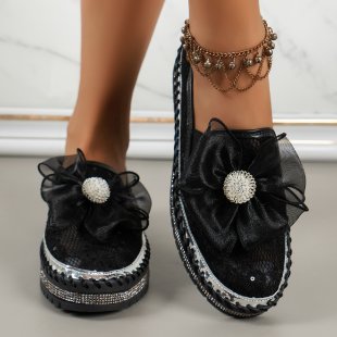 Ribbon Tie Stitch Detail Lace Flat Shoes