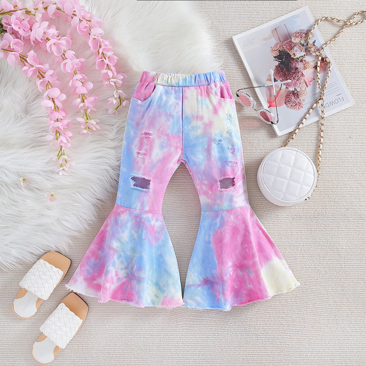 Fashionable Girls' Pink Ripped Flared Pants