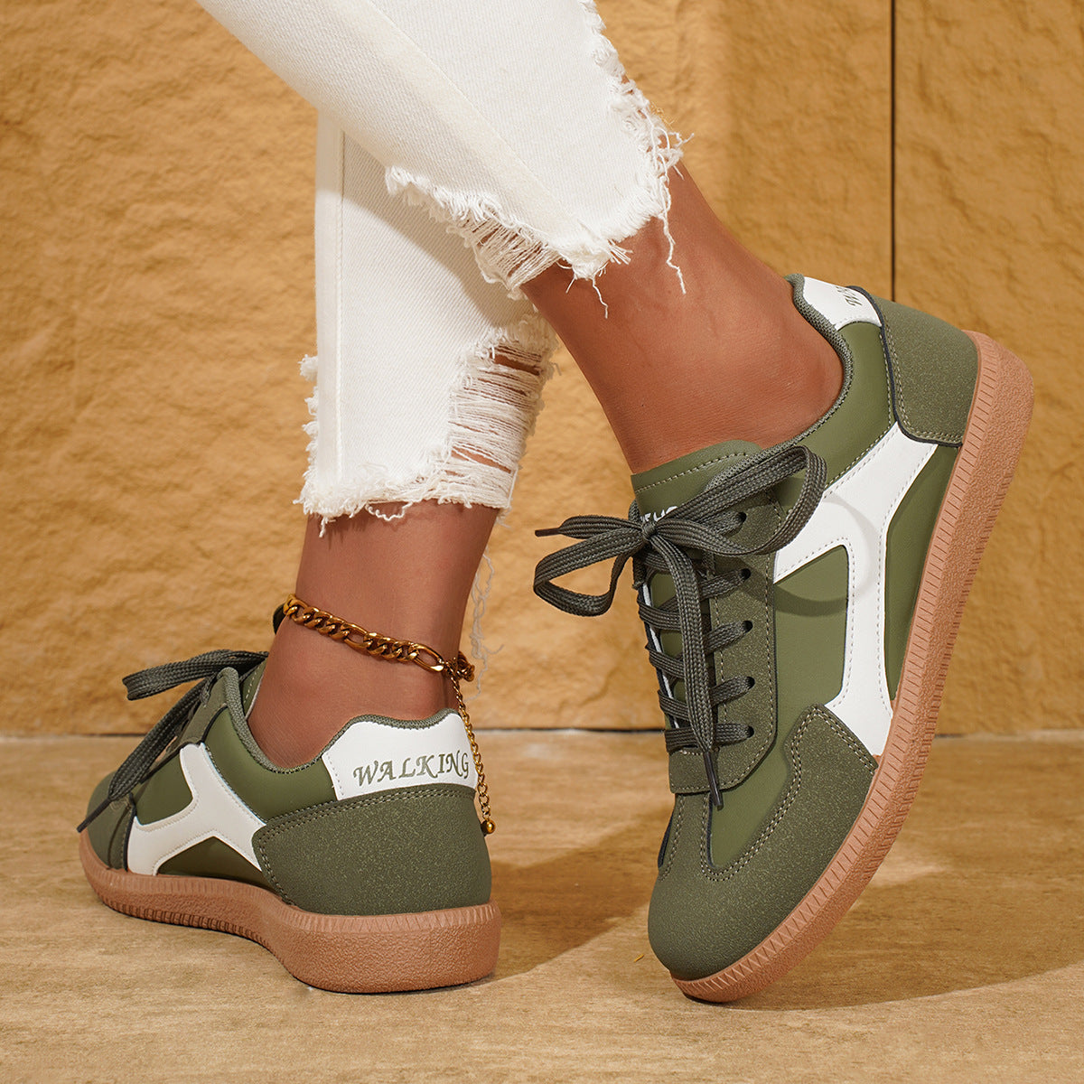 PU Leather Stitched Color Block Casual Lace-Up Sneakers