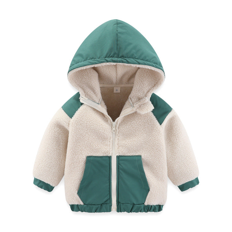 Children's cotton-padded embroidered hooded color-blocked jacket