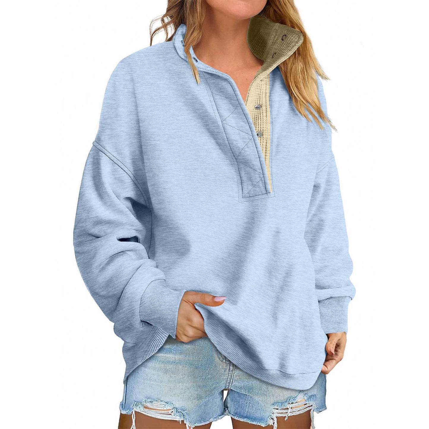 Solid Color New Loose Button Pullover Sweatshirt